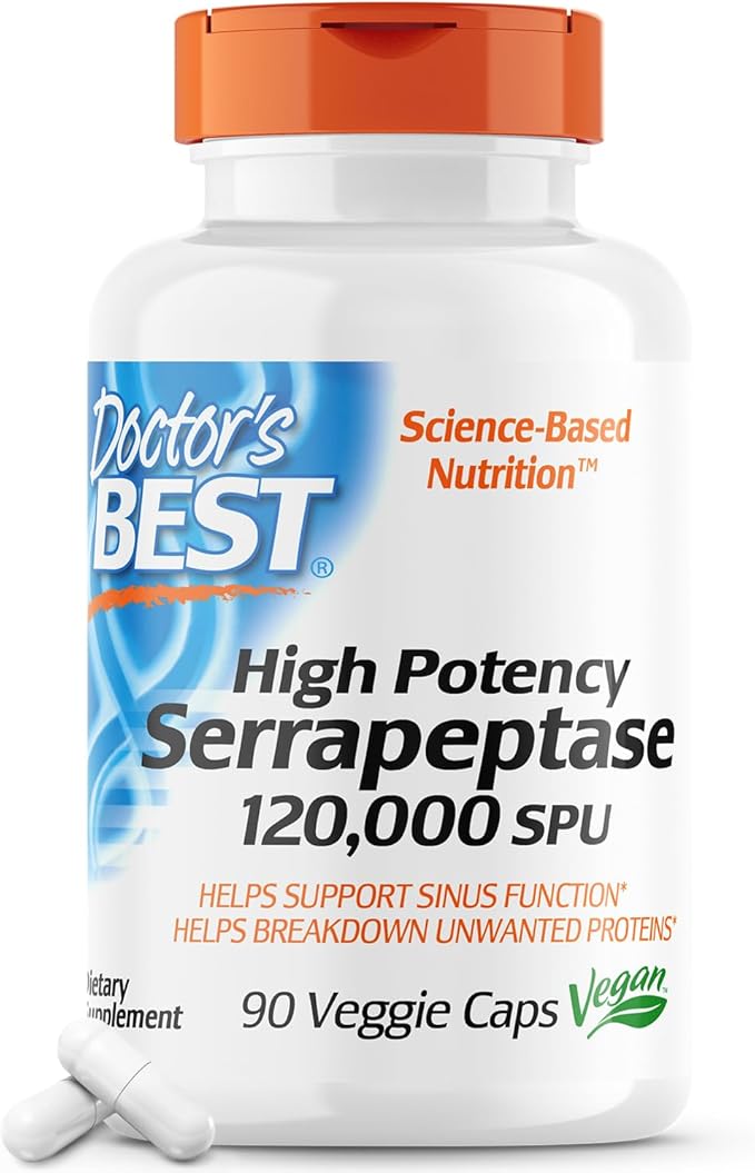 Doctor's Best Science-Based Nutrition. High Potency Serrapeptase 120,000 SPU. Helps support sinus function. Helps breakdown unwanted proteins. 90 Veggie Caps.