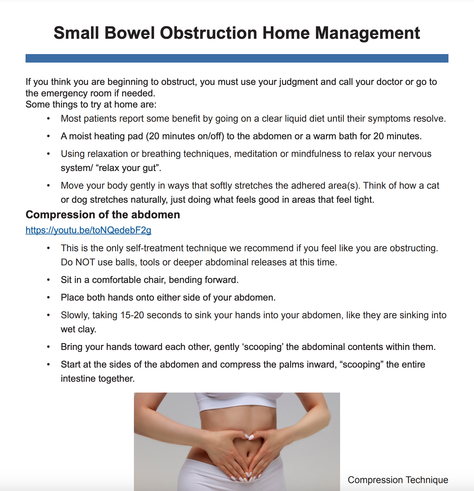 An image of a pdf file that goes over Small Bowel Obstruction Home Management.